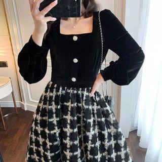 Square-neck Plaid Panel Midi A-line Dress