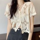 Bell-sleeve Flower Perforated Button-up Knit Top