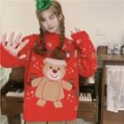 Long-sleeve Christmas Bear Print Sweater Red - One Size