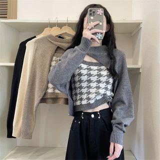 Mock Two-piece Cutout Houndstooth Sweater