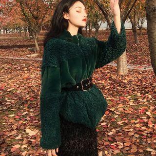 Faux Shearling Zip Jacket / Midi A-line Knit Skirt