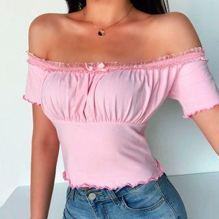 Off-shoulder Short-sleeve Shirred Cropped T-shirt