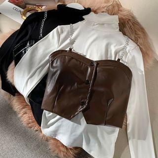 Mock-neck Long-sleeve T-shirt / Faux Leather Camisole Top