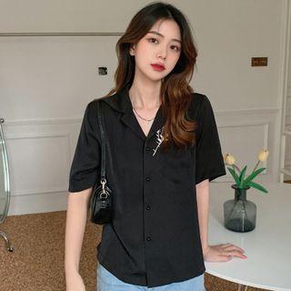 Elbow-sleeve Rose Embroidered Shirt Black - One Size