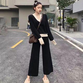 Set: V-neck Color Block Sweater + Wide-leg Pants Sweater - Black - One Size / Pants - Black - One Size