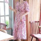 Shirred-trim Frill-hem Rosette Long Dress Pink - One Size