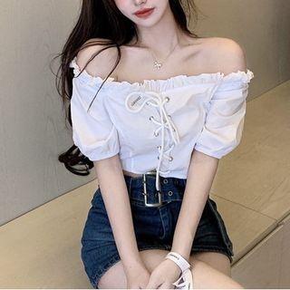 Short-sleeve Lace-up Off-shoulder Cropped Blouse