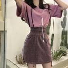 Short-sleeve Embroidered Polo Shirt / High-waist Glitter A-line Skirt