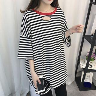 Distressed Striped 3/4-sleeve T-shirt