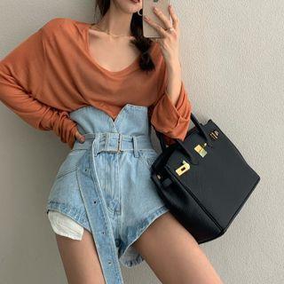 Long-sleeve Plain T-shirt / Denim Wide-leg Shorts