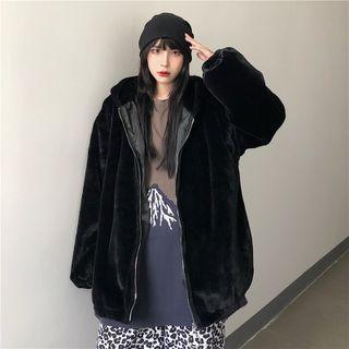 Plain Zip-up Hooded Fleece Jacket Black - One Size