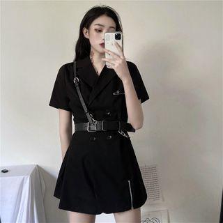Set: Belt + Short-sleeve Double-breasted Shirtdress