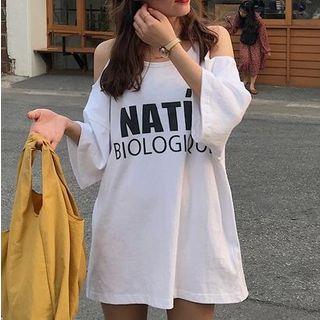 Cold-shoulder Letter Short-sleeve T-shirt
