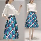 Set: Slit 3/4-sleeve Top + Print Midi A-line Skirt