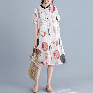 Short-sleeve All Over Pattern Shirt Dress White - One Size