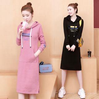 Letter Embroidered Long-sleeve Hooded Shift Dress