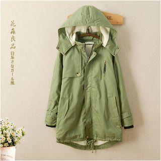 Drawstring Fleece-lined Hooded Zip Coat