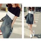 Denim Panel Short-sleeve Mini T-shirt Dress