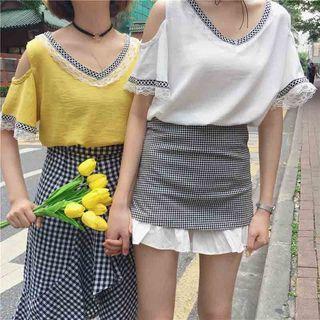 Lace Panel V-neck Short-sleeve Chiffon Top