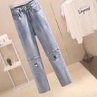 High-waist Heart Embroidered Panel Straight Leg Cropped Jeans