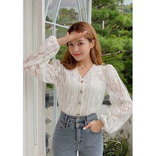 Rhinestone-button Lace Blouse