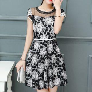 Mesh Panel Floral Short-sleeve A-line Dress