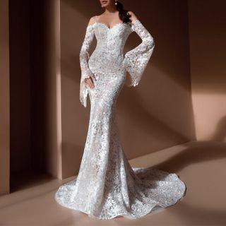Bell-sleeve Cold-shoulder Lace Sheath Evening Gown