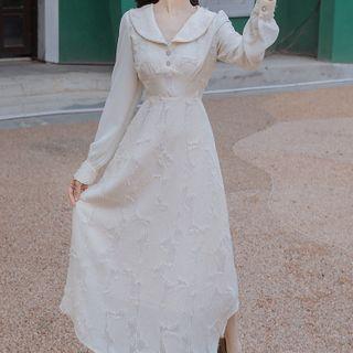 Long-sleeve Distressed Midi A-line Dress