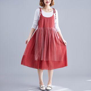 Set: Long-sleeve T-shirt + Spaghetti Strap Mesh Dress
