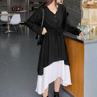 Set: Two-tone Spaghetti Strap Midi Shift Dress + Irregular Hem Long-sleeve Dress