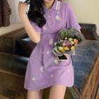 Flower Embroidered Collared Short-sleeve Mini A-line Dress