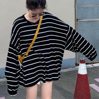 Dolman-sleeve Striped Loose-fit T-shirt Black - One Size