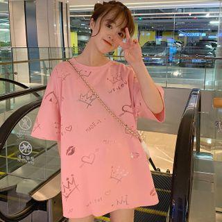 Elbow-sleeve Loose-fit Printed T-shirt