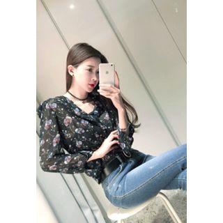 Padded-shoulder V-neck Chiffon Top