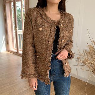 Round-neck Fringe-trim Tweed Jacket Camel - One Size