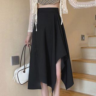 High-waist Asymmetrical Hem Midi A-line Skirt
