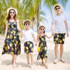Family Matching Pineapple Print Sleeveless Midi Dress/ Plain Short-sleeve T-shirt/ Drawstring Shorts