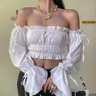 Bell-sleeve Off-shoulder Ruched Plain Crop Top
