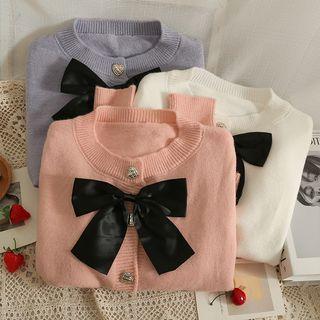 Ribbon-accent Crew-neck Loose Cardigan