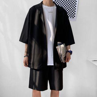 Set: Short-sleeve Shirt Jacket + Straight Leg Shorts