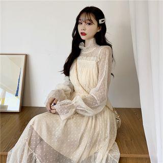 Dotted Bell-sleeve A-line Midi Mesh Dress Almond - One Size