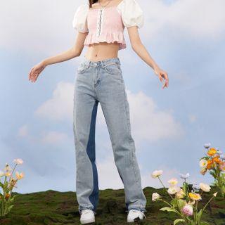 High-waist Lettering Embroidered Straight-cut Jeans