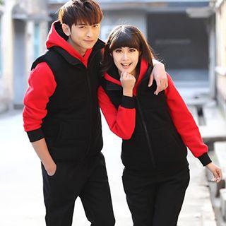Couple Set : Printed Hoodie + Vest + Sweatpants