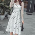 Long-sleeve Mesh Panel Dotted A-line Dress