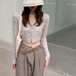 Long-sleeve Buttoned Top / Plaid Wide-leg Pants