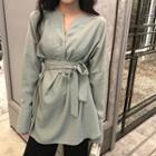 Plain Long-sleeve Blouse Green - One Size