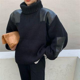 Faux-leather Patch Turtle-neck Loose-fit Sweater Black - One Size