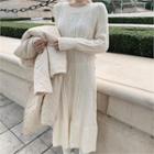Ruffle-hem Cable-knit Dress Ivory - One Size
