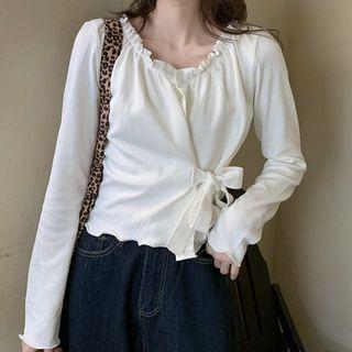 Long-sleeve Tie-front Ruffled T-shirt