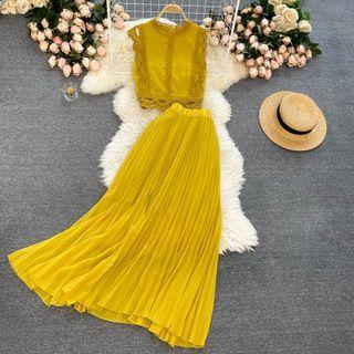 Set: Sleeveless Lace Trim Top + Midi Pleated Skirt